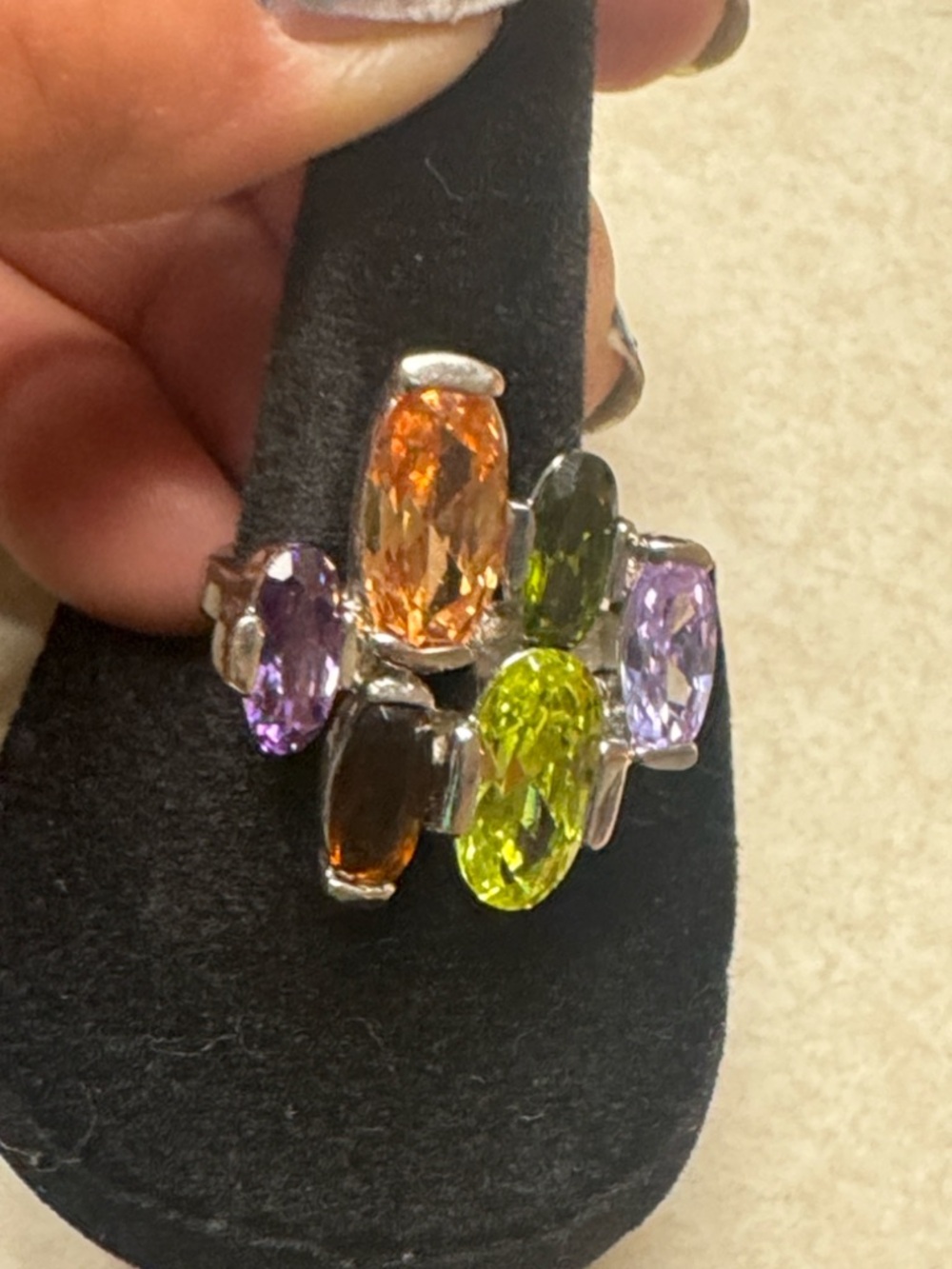 14kgold shell Multicolor Gemstone Cluster Ring - Silver Tone